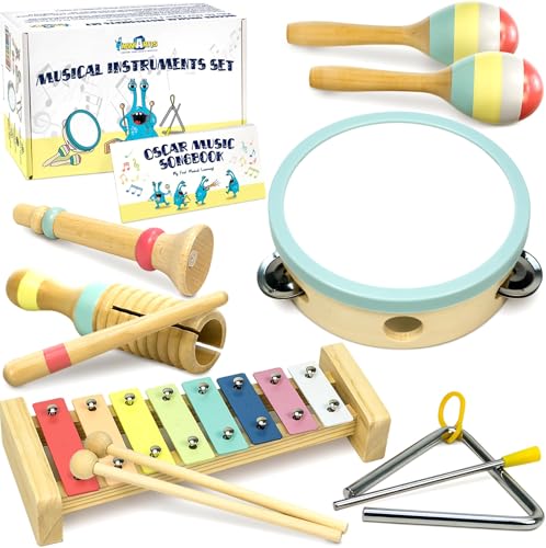 MINIARTIS Musical Instruments Set Montessori Wooden Toys for Toddlers 13 Modern Boho Baby Xylophone with Songbook Neutral Colors Percussion Instruments Kids Preschool Educational - Image 1