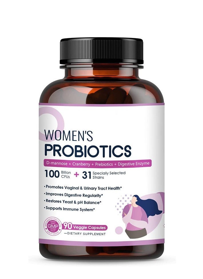 Probiotic Live Women's Probiotic, 90 Capsule 100 Billion CFU 6 Strains, with Organic Prebiotics Cranberry, Digestive Immune, Shelf Stable, Delayed Release, No Soy Gluten Dairy - Image 1