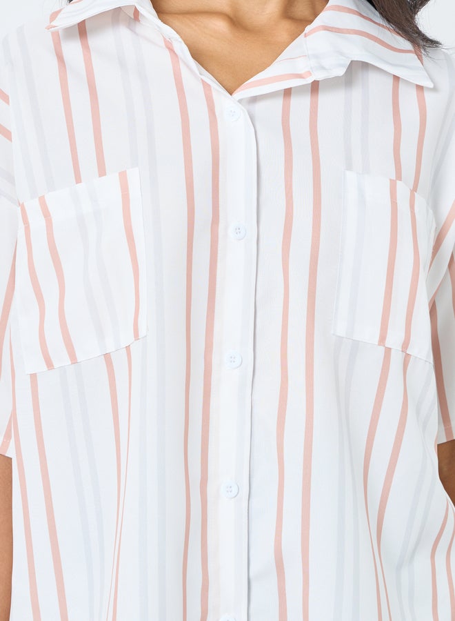 تايك تو قميص بأزرار مخطط بياقة واسعة - Image 3