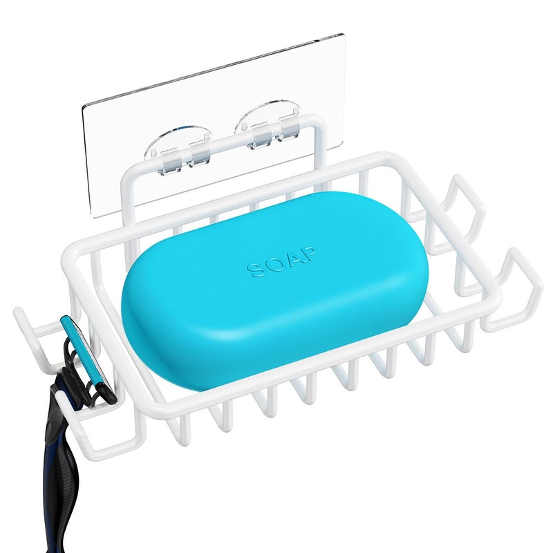 Nieifi Bar Soap Holder for Shower Wall with 4 Hooks Stainless Steel Adhesive Soap Dish for Bathroom White