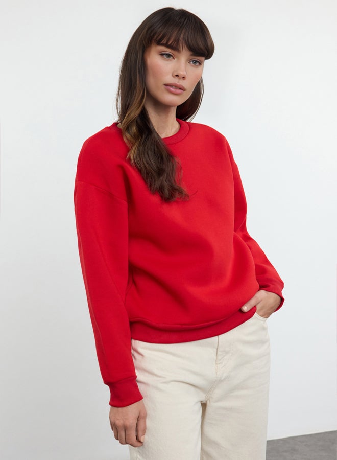 trendyol Red Thick Fleece Inside Regular/Normal Fit Crew Neck Basic Knitted Sweatshirt - Image 2