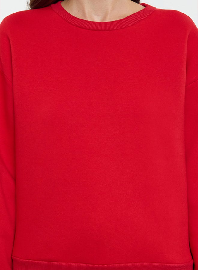 trendyol Red Thick Fleece Inside Regular/Normal Fit Crew Neck Basic Knitted Sweatshirt - Image 4