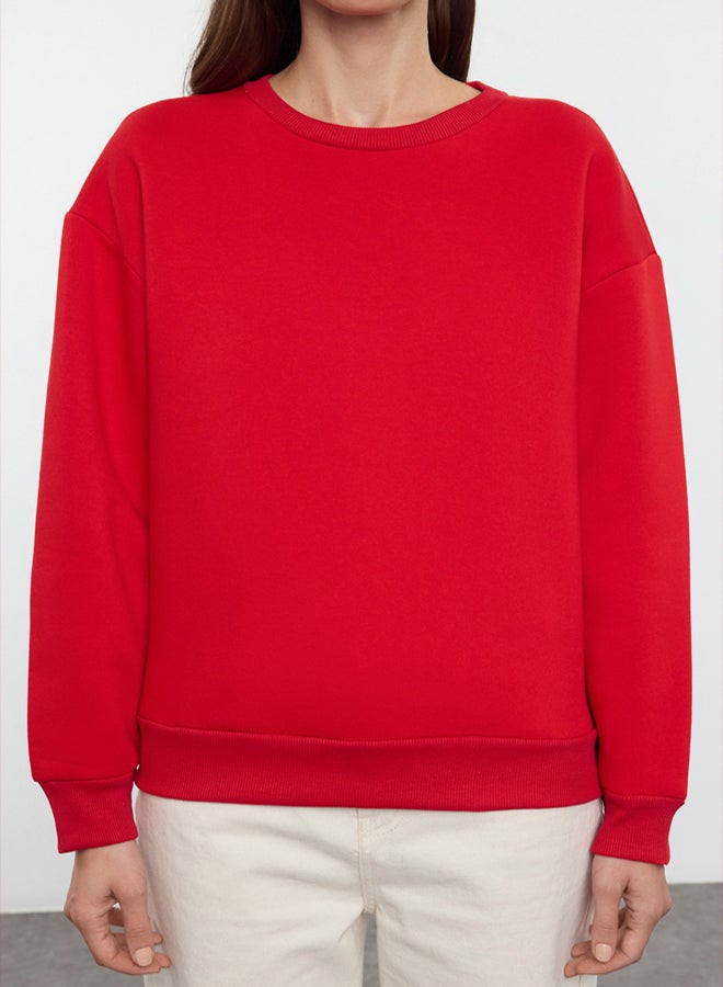 trendyol Red Thick Fleece Inside Regular/Normal Fit Crew Neck Basic Knitted Sweatshirt - Image 3