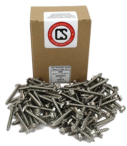 Chenango Supply #10 X 1-1/2 Stainless Steel Hex Washer Head w/Slot Sheetmetal Screw (1/2" to 1-1/2" in Listing) 100 pcs Sheet Metal Screws (#10x1-1/2 Inch) - Image 2