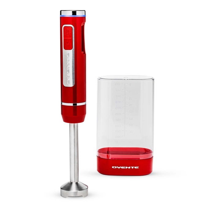 CORDLESS IMMERSION HAND BLENDER RECHARGEABLE HANDHELD PORTABLE STICK MIXER WITH 8 MIXING SPEED OPTION ONETOUCH CONTROL AND STAINLESS STEEL BLADES FOR SMOOTHIES SHAKES OR SOUPS RED HR781R