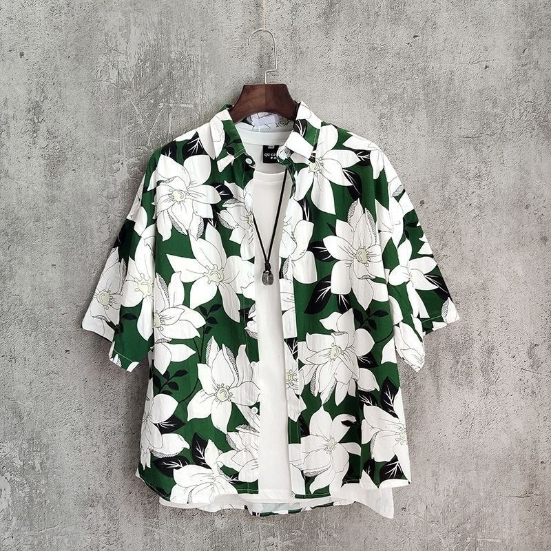 Hong Kong Style Short Sleeve Shirt For Men And Women Couple Summer Loose Thin Hawaiian Beach Floral Half Sleeve Shirt For Men - Image 2
