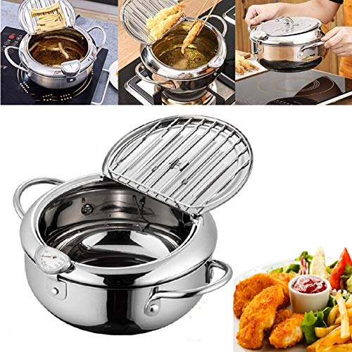 TIYOORTA Deep Frying Pan,Temperature Control Fryer,Tempura Fryer Pot,Japanese Style Tempura deep Fryer with Thermometer,Lid and Oil Drip Rack,Nonstick Fryer Pot for Kitchen Cooking 20cm/304 - Image 1
