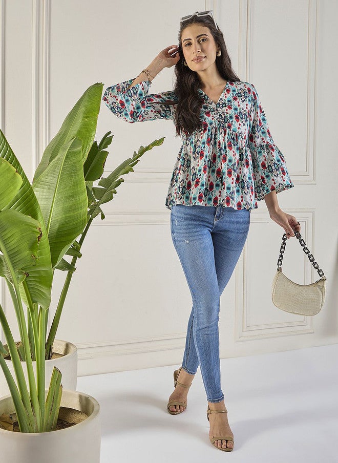 WineRed Abstract Printed V-Neck Cotton Top for Women - Image 5