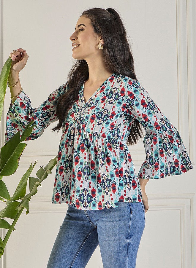 WineRed Abstract Printed V-Neck Cotton Top for Women - Image 3