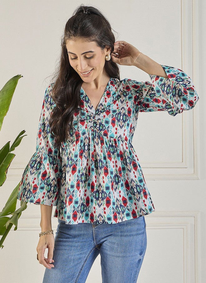 WineRed Abstract Printed V-Neck Cotton Top for Women - Image 1