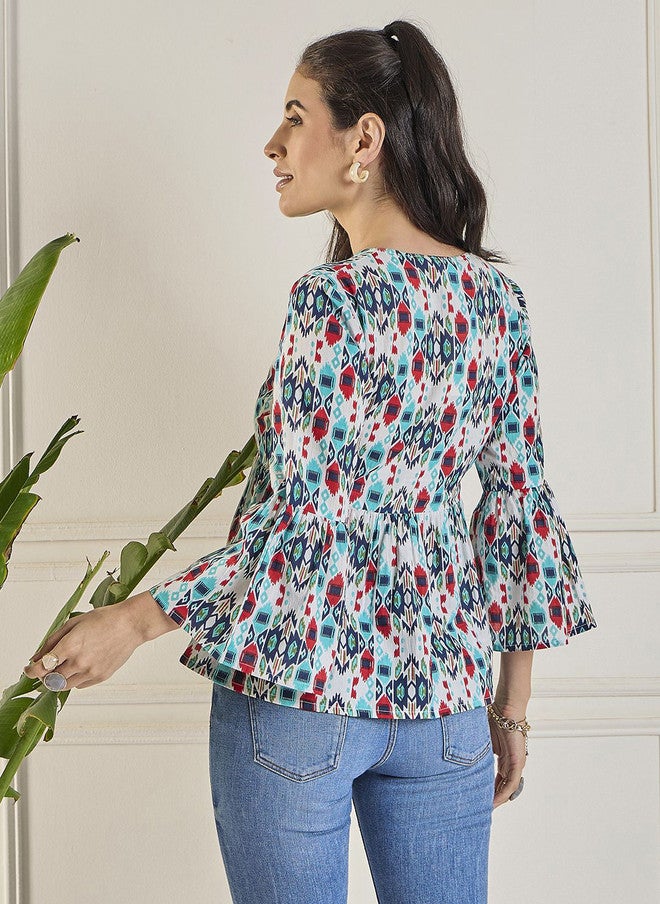 WineRed Abstract Printed V-Neck Cotton Top for Women - Image 4