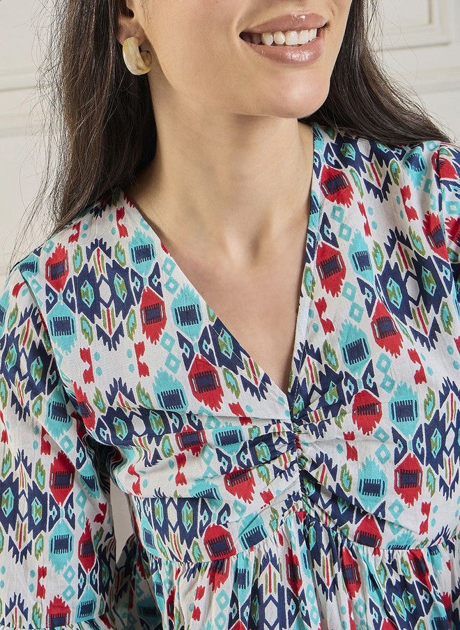 WineRed Abstract Printed V-Neck Cotton Top for Women - Image 2