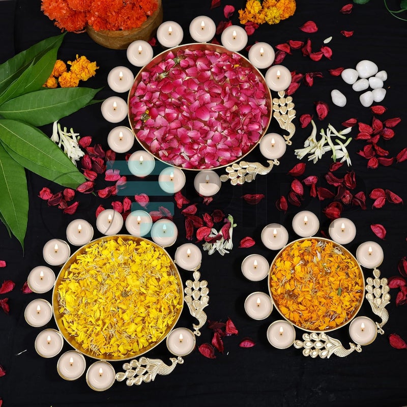 RIPP Urli Bowl for Living Room Decorative Floating Flowers Peacock Tealight Bowl for Pooja Room Center Table Traditional Urli Candles Diwali Decoration Metal Home Decor Set of 3 - Image 2