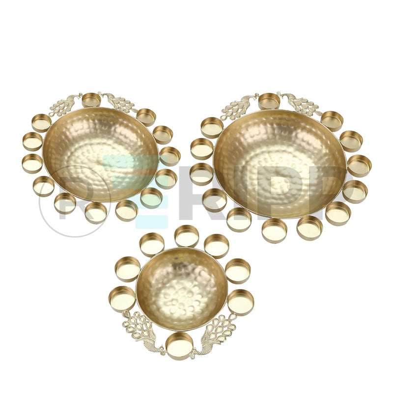 RIPP Urli Bowl for Living Room Decorative Floating Flowers Peacock Tealight Bowl for Pooja Room Center Table Traditional Urli Candles Diwali Decoration Metal Home Decor Set of 3 - Image 3