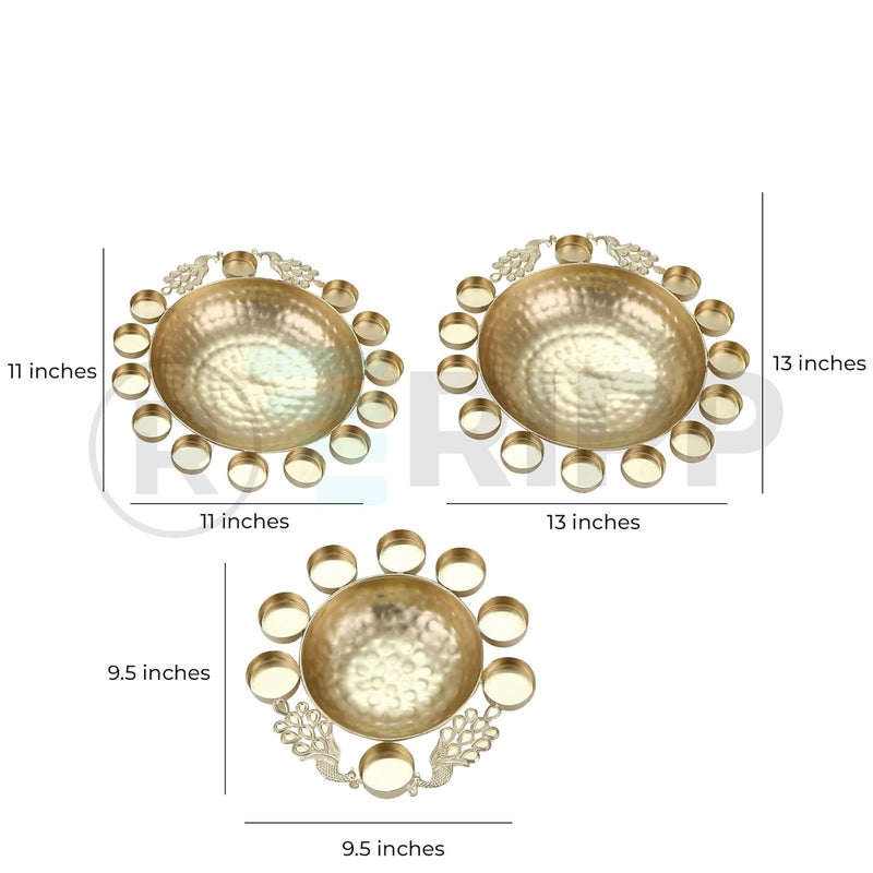 RIPP Urli Bowl for Living Room Decorative Floating Flowers Peacock Tealight Bowl for Pooja Room Center Table Traditional Urli Candles Diwali Decoration Metal Home Decor Set of 3 - Image 5