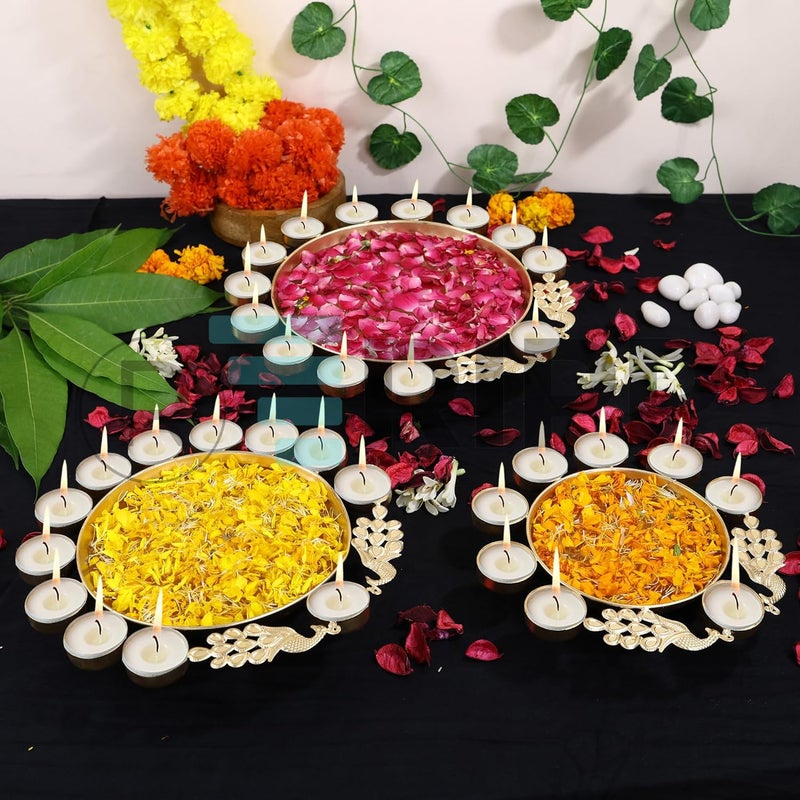RIPP Urli Bowl for Living Room Decorative Floating Flowers Peacock Tealight Bowl for Pooja Room Center Table Traditional Urli Candles Diwali Decoration Metal Home Decor Set of 3 - Image 1