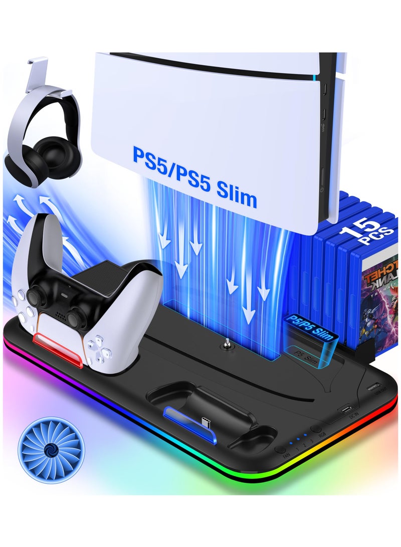 سايتاك حامل PS5 Slim مع مروحة تبريد RGB LED محطة شحن وحدة تحكم سماعة رأس و15 فتحة ألعاب ملحقات بلايستيشن 5 للاستخدام اليومي والمنزل والألعاب - Image 1