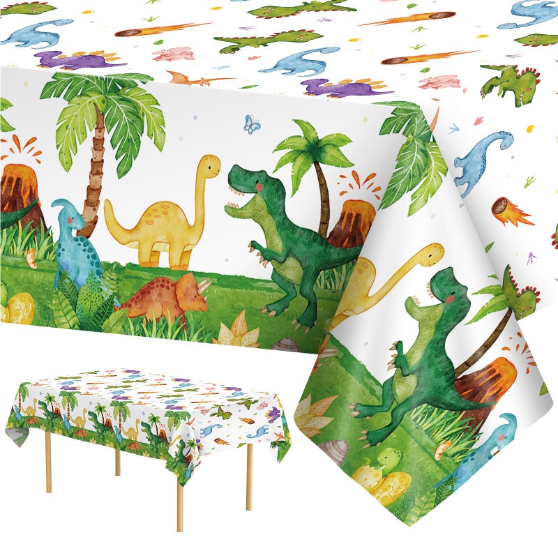 Litmitfu 2 Pcs Dinosuar Tablecloth - Plastic Jungle Animal Dino Party Table Cover, Green Disposable Rectangle Dino Themed Table Cloth for Dinosaur Birthday Decorations Party Supplies Tables Decor, 108x54 Inch - Image 1