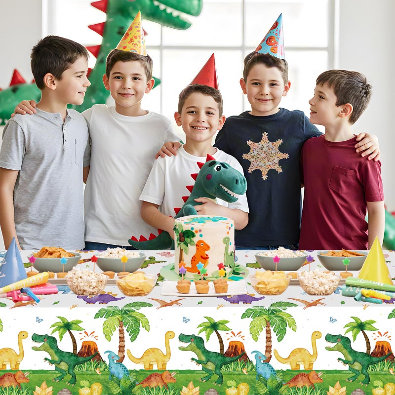 Litmitfu 2 Pcs Dinosuar Tablecloth - Plastic Jungle Animal Dino Party Table Cover, Green Disposable Rectangle Dino Themed Table Cloth for Dinosaur Birthday Decorations Party Supplies Tables Decor, 108x54 Inch - Image 2