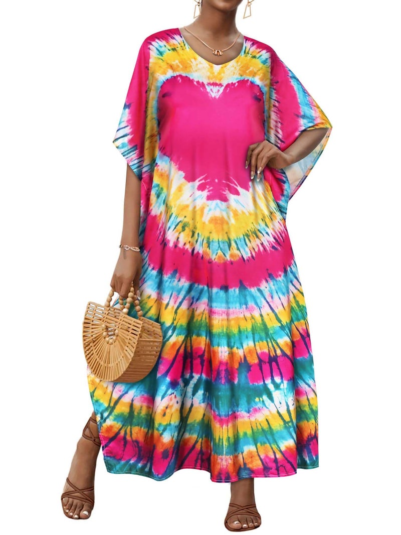 JILUVIN Kaftan Dresses for Women Plus Size V Neck Caftan Long Batwing Sleeve Swimsuit Cover Up Beach Swimwear (Big Pink Heart,One Size) - Image 1