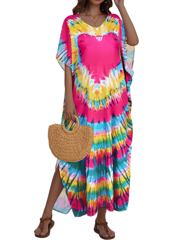 JILUVIN Kaftan Dresses for Women Plus Size V Neck Caftan Long Batwing Sleeve Swimsuit Cover Up Beach Swimwear (Big Pink Heart,One Size) - Image 3