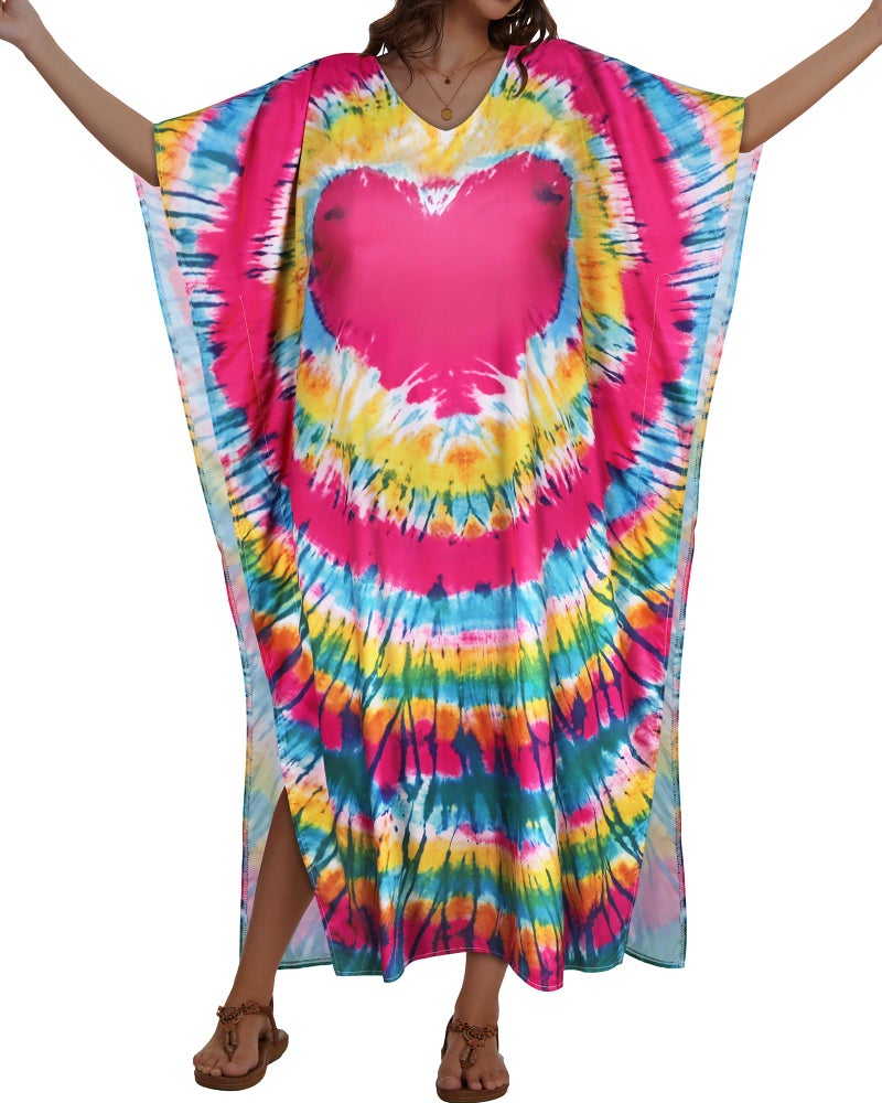 JILUVIN Kaftan Dresses for Women Plus Size V Neck Caftan Long Batwing Sleeve Swimsuit Cover Up Beach Swimwear (Big Pink Heart,One Size) - Image 4