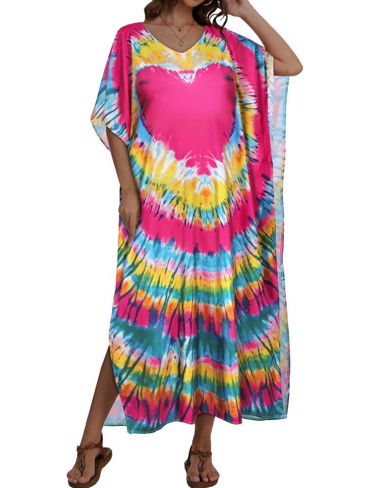 JILUVIN Kaftan Dresses for Women Plus Size V Neck Caftan Long Batwing Sleeve Swimsuit Cover Up Beach Swimwear (Big Pink Heart,One Size) - Image 2