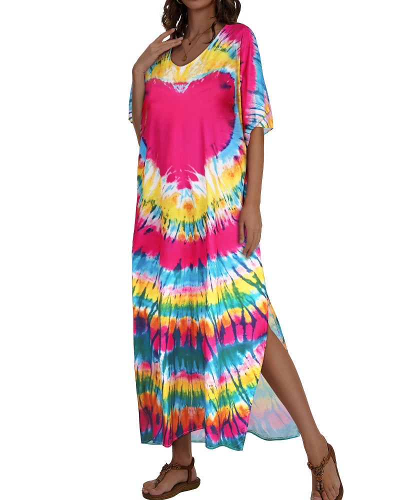 JILUVIN Kaftan Dresses for Women Plus Size V Neck Caftan Long Batwing Sleeve Swimsuit Cover Up Beach Swimwear (Big Pink Heart,One Size) - Image 5