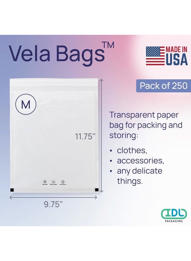 IDL Packaging Vela™ 9.75" x 11.75" Clear Paper Apparel Bag, (Pack of 250) - Medium Size FSC-Certified Paper Bags with Resealable Tape - For T-shirts, Sweatshirts, and Other Clothing - Image 2