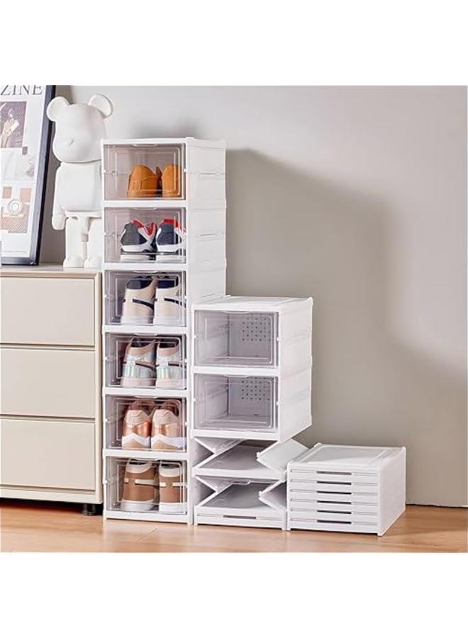 HOOKOR Drop Front Shoe Storage Box, No Assembly Stackable Shoe Organizer Storage Bin with Clear Door, Free Standing Shoe Shelf Cabinet with Lid, Plastic Shoe Rack for Closet Entryway, 6-Tier, White - Image 1