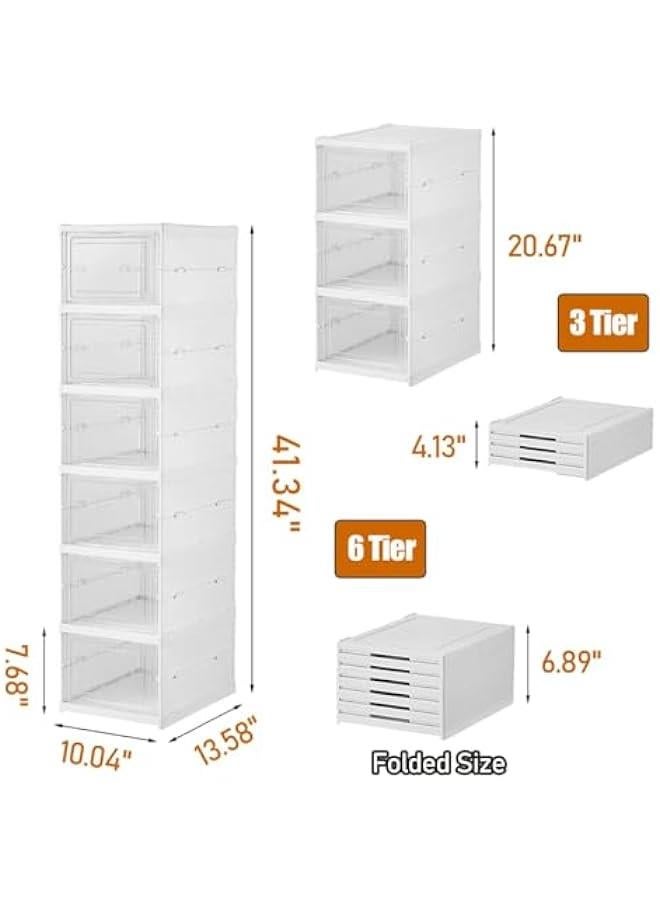 HOOKOR Drop Front Shoe Storage Box, No Assembly Stackable Shoe Organizer Storage Bin with Clear Door, Free Standing Shoe Shelf Cabinet with Lid, Plastic Shoe Rack for Closet Entryway, 6-Tier, White - Image 2