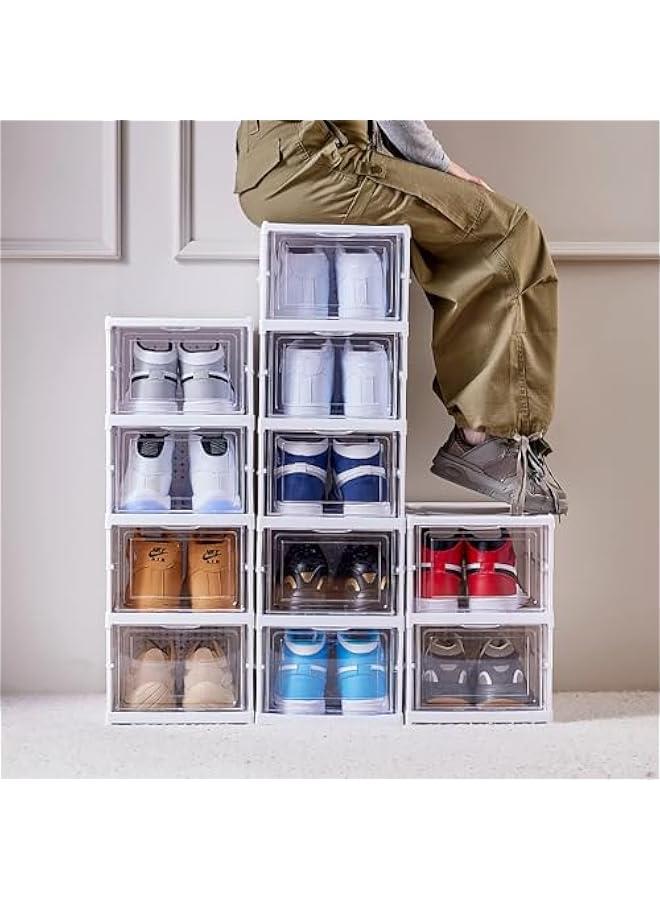 HOOKOR Drop Front Shoe Storage Box, No Assembly Stackable Shoe Organizer Storage Bin with Clear Door, Free Standing Shoe Shelf Cabinet with Lid, Plastic Shoe Rack for Closet Entryway, 6-Tier, White - Image 3