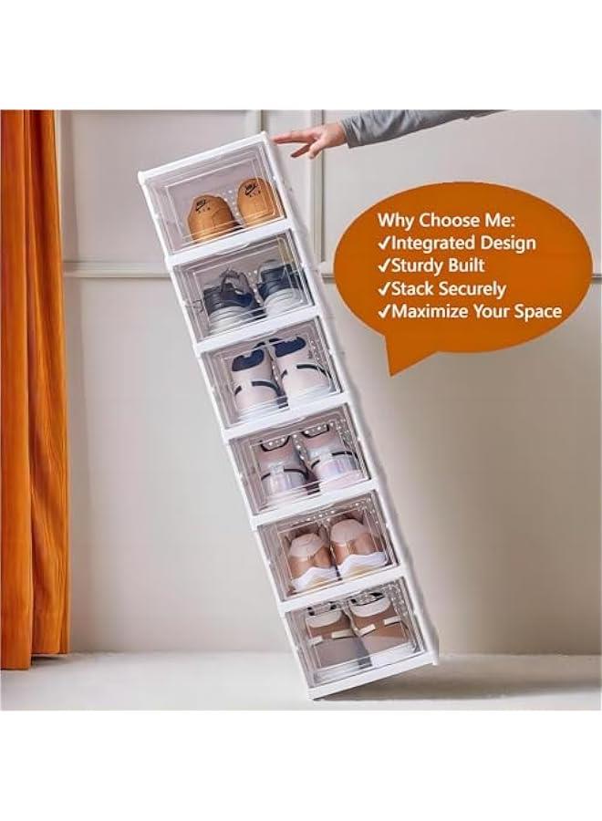 HOOKOR Drop Front Shoe Storage Box, No Assembly Stackable Shoe Organizer Storage Bin with Clear Door, Free Standing Shoe Shelf Cabinet with Lid, Plastic Shoe Rack for Closet Entryway, 6-Tier, White - Image 4