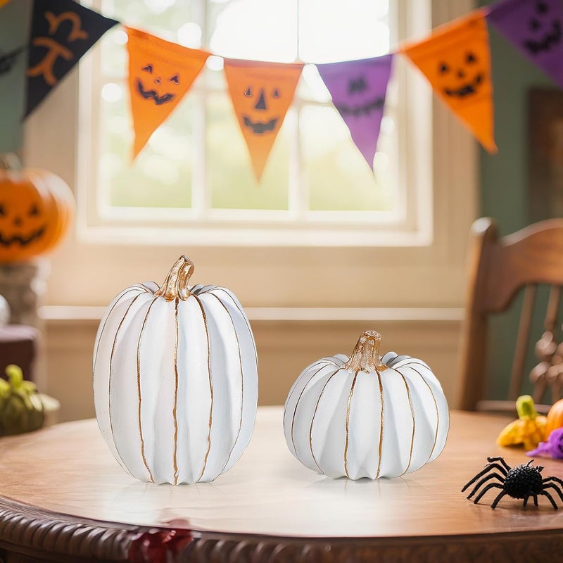 Nuokin 2Pcs Halloween Pumpkin Artificial Resin Pumpkins Decor for Mantel Harvest Autumn Tabletop Decoration Gold Fall Pumpkin Decorations Thanksgiving Table Centerpieces (Set C, ONE Size) - Image 2