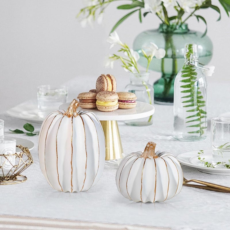 Nuokin 2Pcs Halloween Pumpkin Artificial Resin Pumpkins Decor for Mantel Harvest Autumn Tabletop Decoration Gold Fall Pumpkin Decorations Thanksgiving Table Centerpieces (Set C, ONE Size) - Image 4