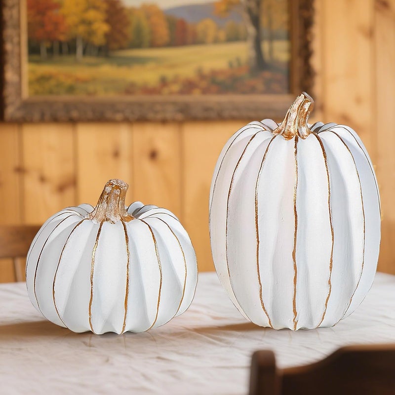 Nuokin 2Pcs Halloween Pumpkin Artificial Resin Pumpkins Decor for Mantel Harvest Autumn Tabletop Decoration Gold Fall Pumpkin Decorations Thanksgiving Table Centerpieces (Set C, ONE Size) - Image 1