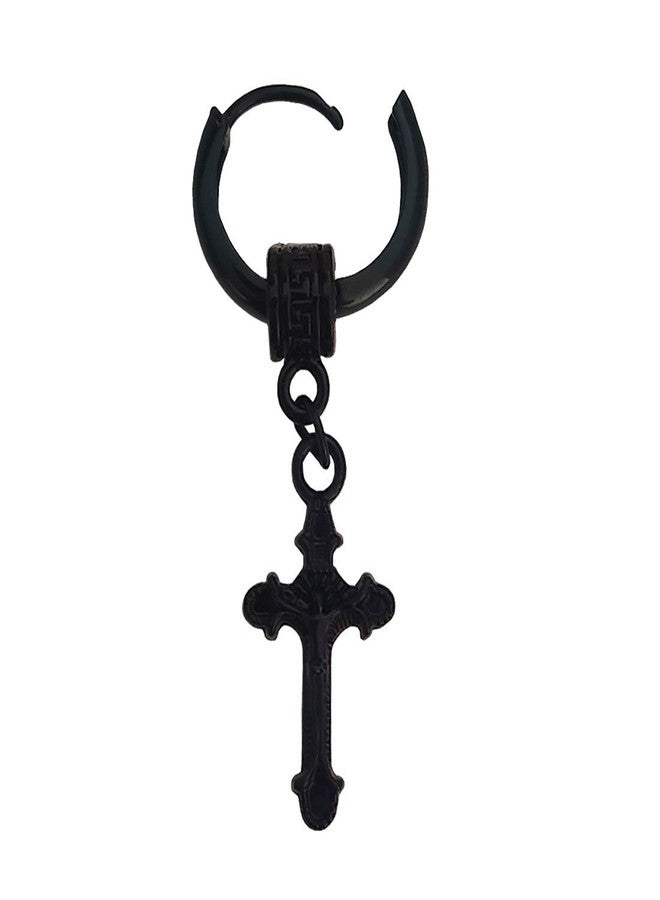 Sullery Religious Jesus Cross Charm Drop Hoop Single Earring Black Stainless Steel Hoop Earring For Men And Women - Image 2