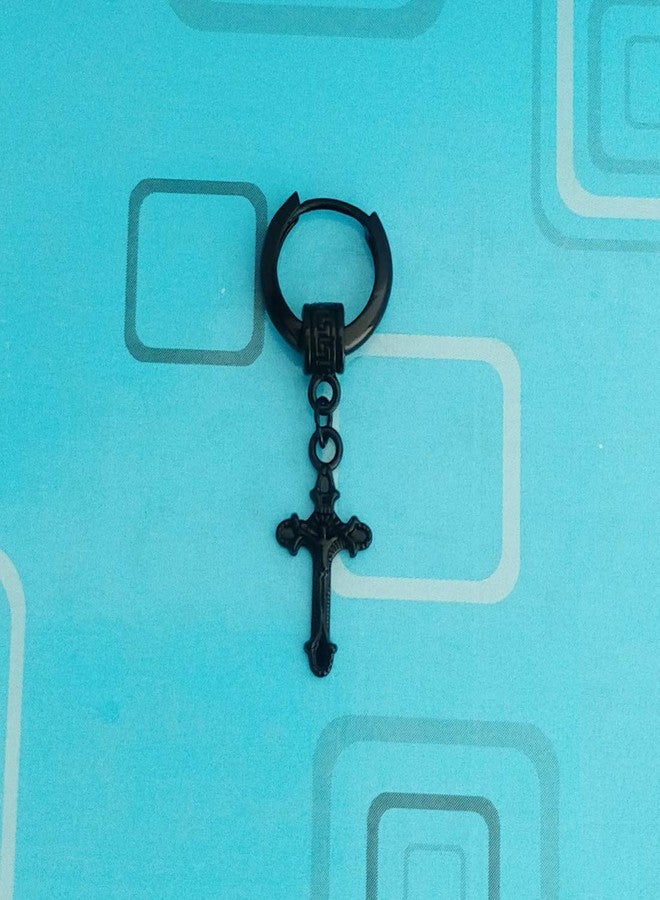 Sullery Religious Jesus Cross Charm Drop Hoop Single Earring Black Stainless Steel Hoop Earring For Men And Women - Image 3