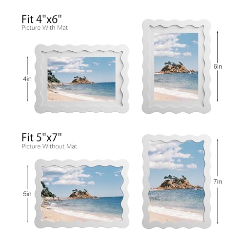 THKRLOF 5x7 Picture Frame with Mat for 4x6, Wavy Edge Wooden Real Glass Photo Frame for Tabletop and Wall Hanging, White, 1 Pack - Image 4