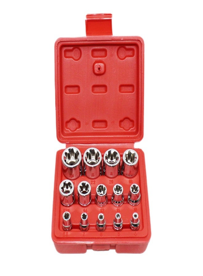 LSLANSOON 14Pcs E-Torx Star Socket Set with Case, 1/4, 3/8, 1/2 in. Drive Female External Star Socket Set E4-E24 Torque Socket Set - Image 1