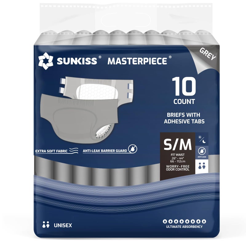 SUNKISS Masterpiece Adult Diapers with Tabs, Unisex Disposable Incontinence Briefs for Women and Men, Odor Control, Grey, S/M, 10 Count - Image 1