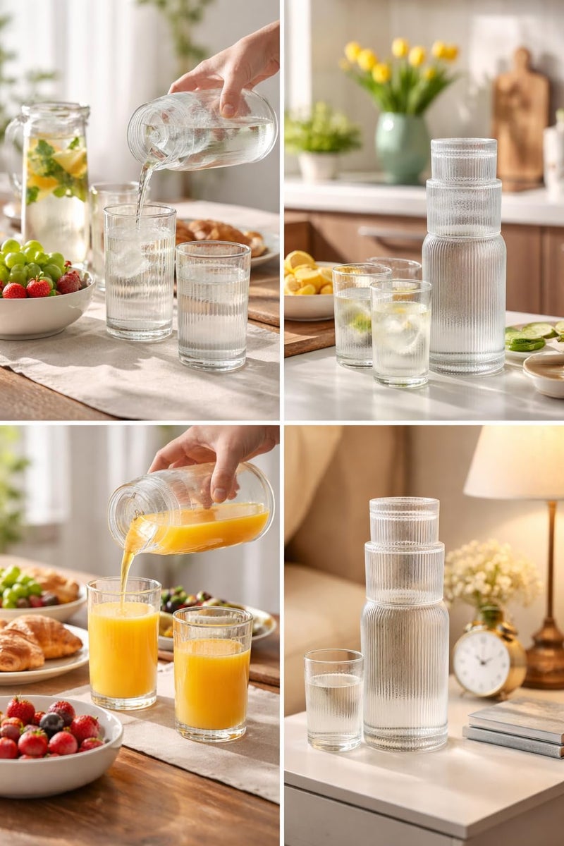 Bedside Night Carafe Pitcher and Tumbler Glass Set - Carafe and Glass Set - Water Jug and Glasses Set - 1000ml (Shape 2) - Image 2