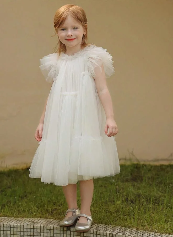 Take Two Girls Solid Mesh Frill Sleeve Dress