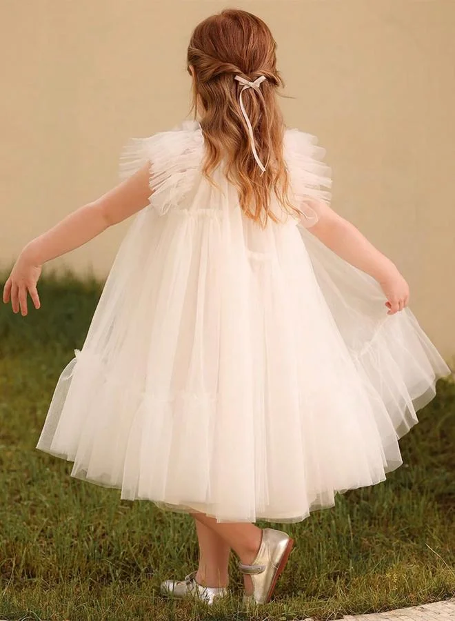 Take Two Girls Solid Mesh Frill Sleeve Dress