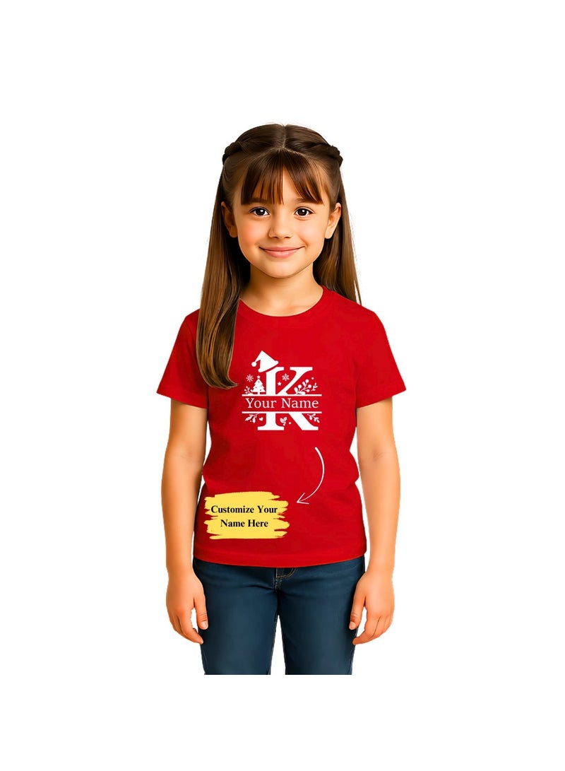 برينت شوب فور مي تي شيرت أحمر مطبوع عليه حروف أبجدية عيد الميلاد مخصصة للبنات - تي شيرت أطفال باسم مخصص - ملابس احتفالية للعطلات - Image 1