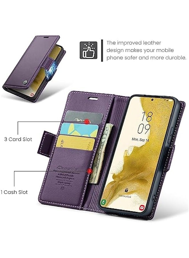 حافظة محفظة بمغناطيس مانع للتشويش RFID لهاتف Samsung Galaxy S22 5G، حامل بطاقات ودعم مغناطيسي، جلدية قابلة للطي ومحمية (6.1 بوصة) - بنفسجي - Image 4