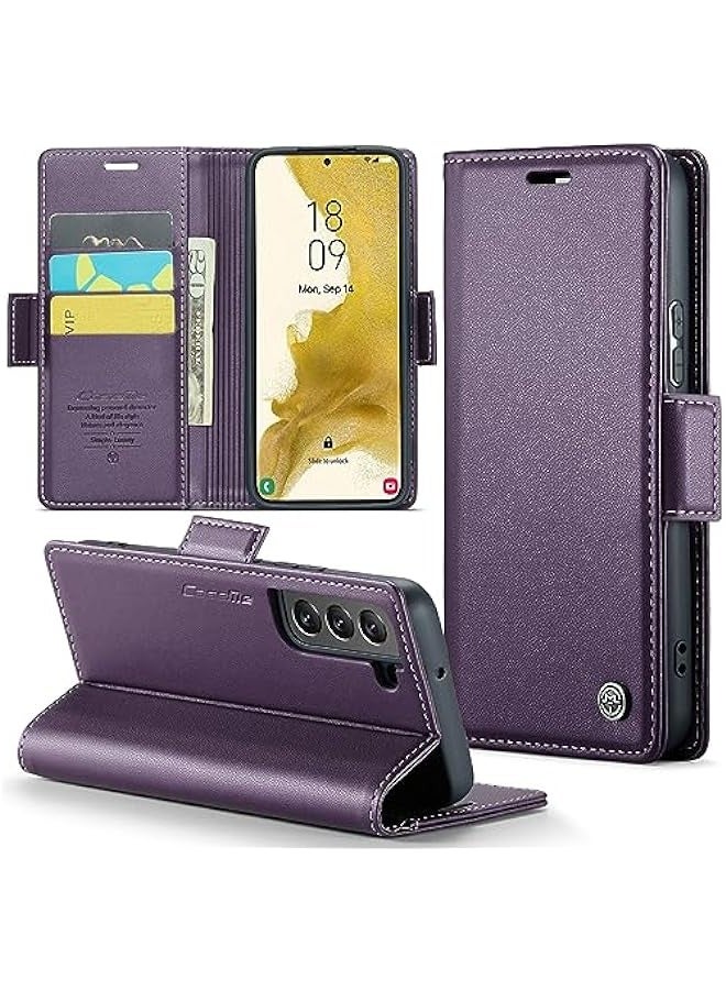 حافظة محفظة بمغناطيس مانع للتشويش RFID لهاتف Samsung Galaxy S22 5G، حامل بطاقات ودعم مغناطيسي، جلدية قابلة للطي ومحمية (6.1 بوصة) - بنفسجي - Image 1