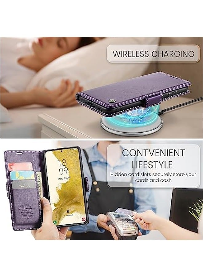 حافظة محفظة بمغناطيس مانع للتشويش RFID لهاتف Samsung Galaxy S22 5G، حامل بطاقات ودعم مغناطيسي، جلدية قابلة للطي ومحمية (6.1 بوصة) - بنفسجي - Image 5