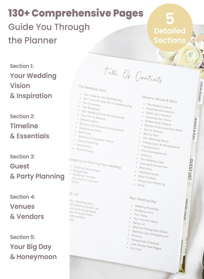 Braveriky Wedding Planner Book and Organizer for the Bride, 9x12" Wedding Planning Book with 5 Tabbed Sections, Pockets, Checklists, Calendars, Countdown, Metal Corner, Engagement Gifts for Couples, Floral - Image 3