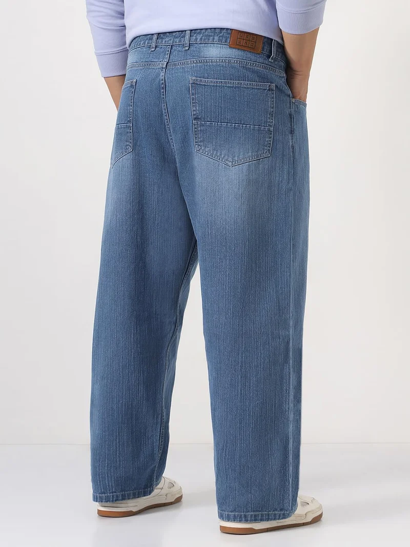 Urbano Fashion  Urbano Plus Men's Light Blue Loose Baggy Fit Washed Denim Jeans Non-Stretchable  | Best Price UAE
